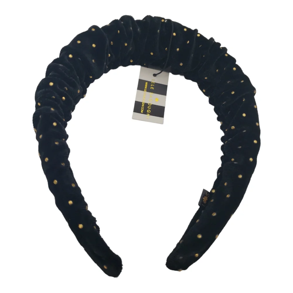 Lele Sadoughi NWT Jet Dot Velvet “Kelly” Black Headband Gold Accents One Size